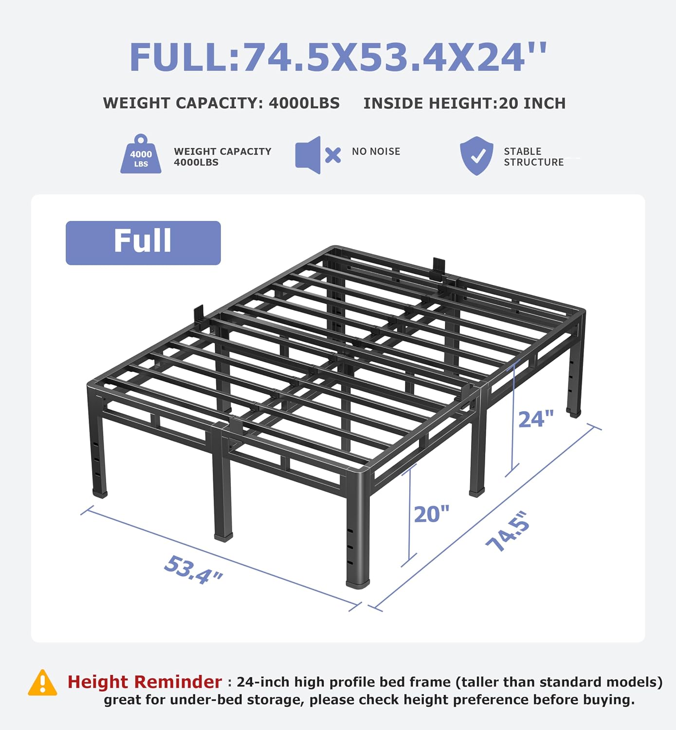 NKZ 24 Inch Full Size Bed Frame, Metal Bed Frame & Box Spring 2 in 1 Platform with Round Corner Legs, 4000Lbs Heavy Duty Metal Frame, Mattress Slide Stopper, Headboard Hole, Noise-Free, Easy Assembly