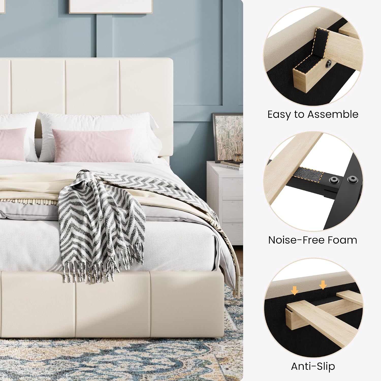 SHA CERLIN Full Size Bed Frame, Dutch Velvet Upholstered Platform Bed, Vertical Channel Tufted Adjustable Headboard, Low Profile Bed Frame, No Box Spring Needed, Easy Assembly, Cream