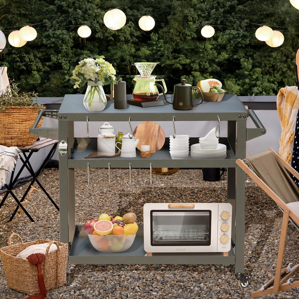 Domi 3-Shelf Outdoor Grill Table, Grill Cart with Wheels, Pizza Oven and Food Prep Table, Blackstone Griddle Stand with Propane Tank Hook for Outside BBQ