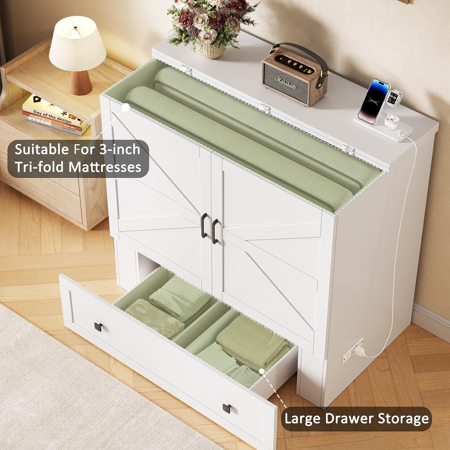 LIVAUVEAD Murphy Bed with Built-in Charging Station, Space-Saving Murphy Bed Chest Twin with Drawer, Foldable, for Home Office Guest Room Bedroom White