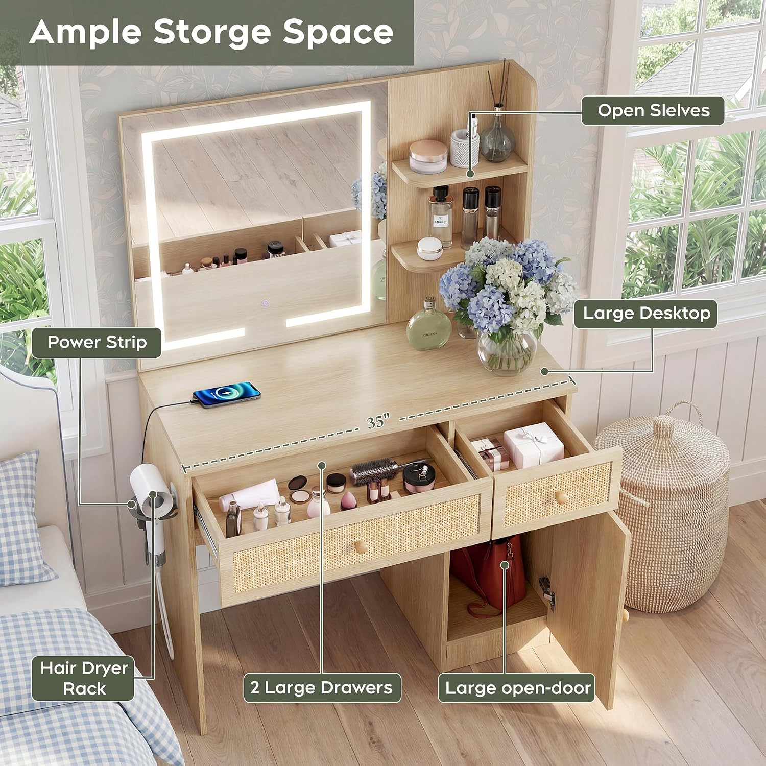 Yechen 35' Boho Makeup Vanity Desk with LED Lighted Mirror & Power Strip, Wooden Dressing Table Set with Rattan Drawers, Storage Shelves and Cushioned Stool for Bedroom, for Girls Women