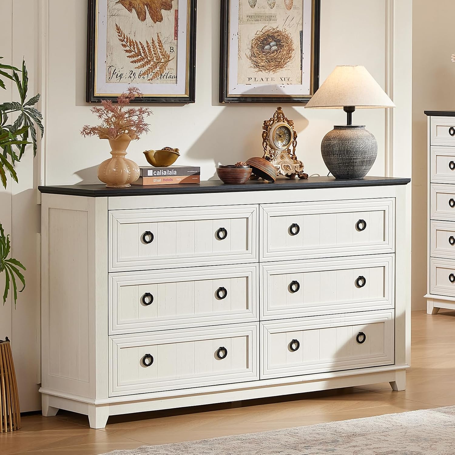 Joaxswe 6 Drawers Dresser for Bedroom, Farmhouse 54'' White Dresser Chest of Drawers, Vintage Design Wood TV Stand, Rustic Storage Dressers Organizer for Bedroom, Living Room, Hallway