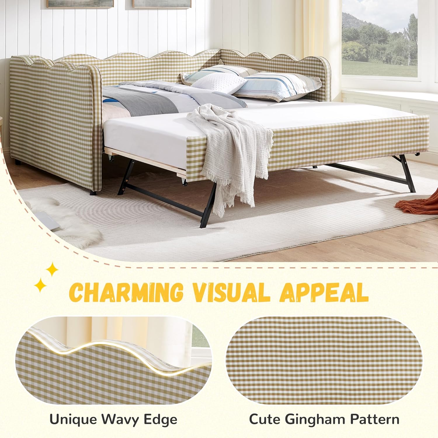 DEINPPA Full Size Upholstered Daybed with Trundle, Gingham Daybed with USB Ports for Bedroom Living Room Guest Room-Brown