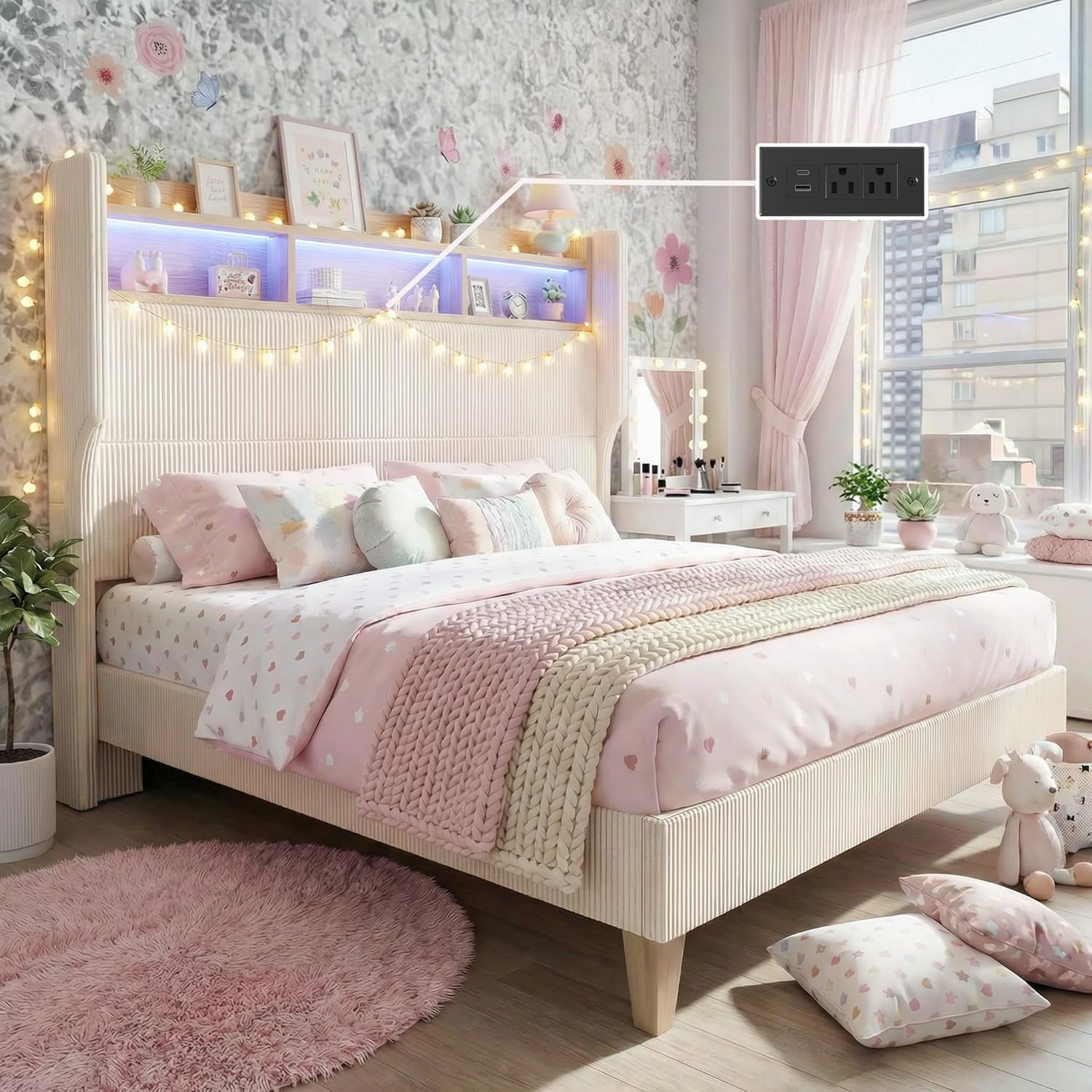 HOMRELEXA Queen Size Girls Bed Frame with 51' Tall Headboard, LED Lights & Charging Station, Corduroy Upholstered Platform Bed with Storage Shelf, No Box Spring Needed, Cream
