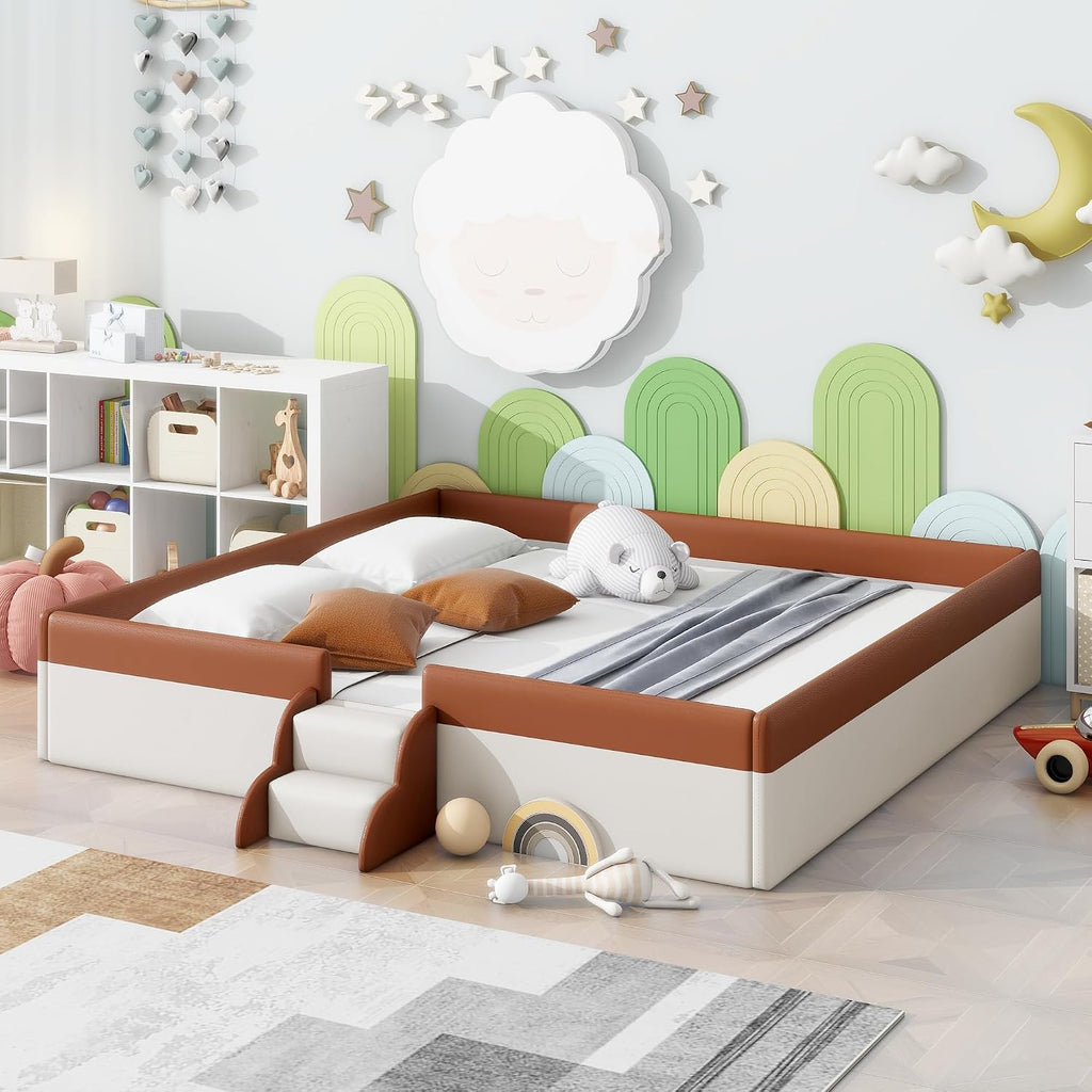 VilroCaz King Size Upholstered Daybed Frame with Fence and Stairs, Montessori Kids Floor Bed with Sturdy Slat Support for Kids Boys Girls (Brown+King)