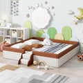 VilroCaz King Size Upholstered Daybed Frame with Fence and Stairs, Montessori Kids Floor Bed with Sturdy Slat Support for Kids Boys Girls (Brown+King)