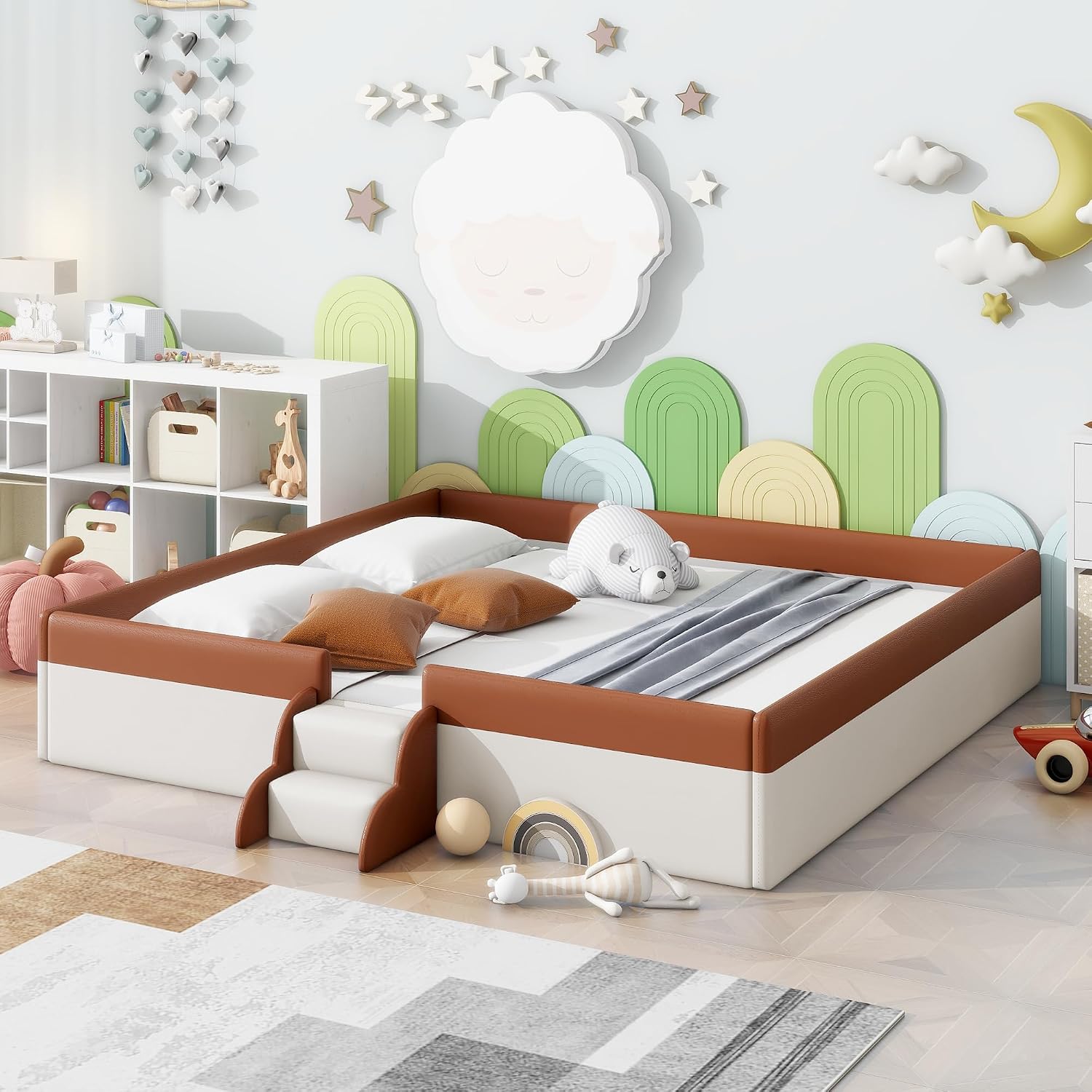 VilroCaz King Size Upholstered Daybed Frame with Fence and Stairs, Montessori Kids Floor Bed with Sturdy Slat Support for Kids Boys Girls (Brown+King)