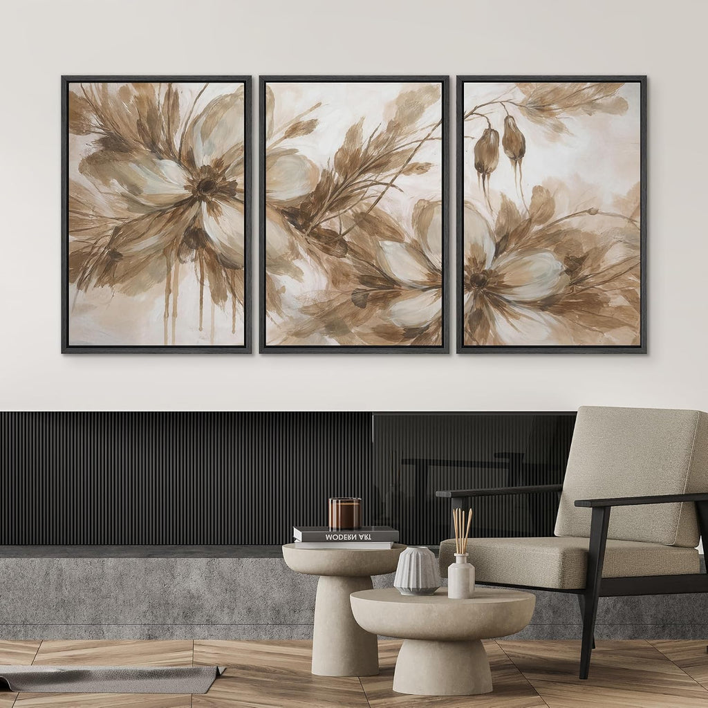 SIGNWIN Framed Canvas Print Wall Art Set Neutral Botanical Flowers Sepia Tone Floral Illustrations Modern Art Decorative Scenic Rustic for Living Room, Bedroom, Office - 24'x36'x3 Black