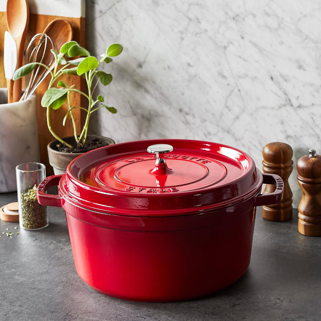 Staub Cast Iron Round Cocotte, Dutch Oven, 7-quart, serves 7-8, Made in France, Cherry