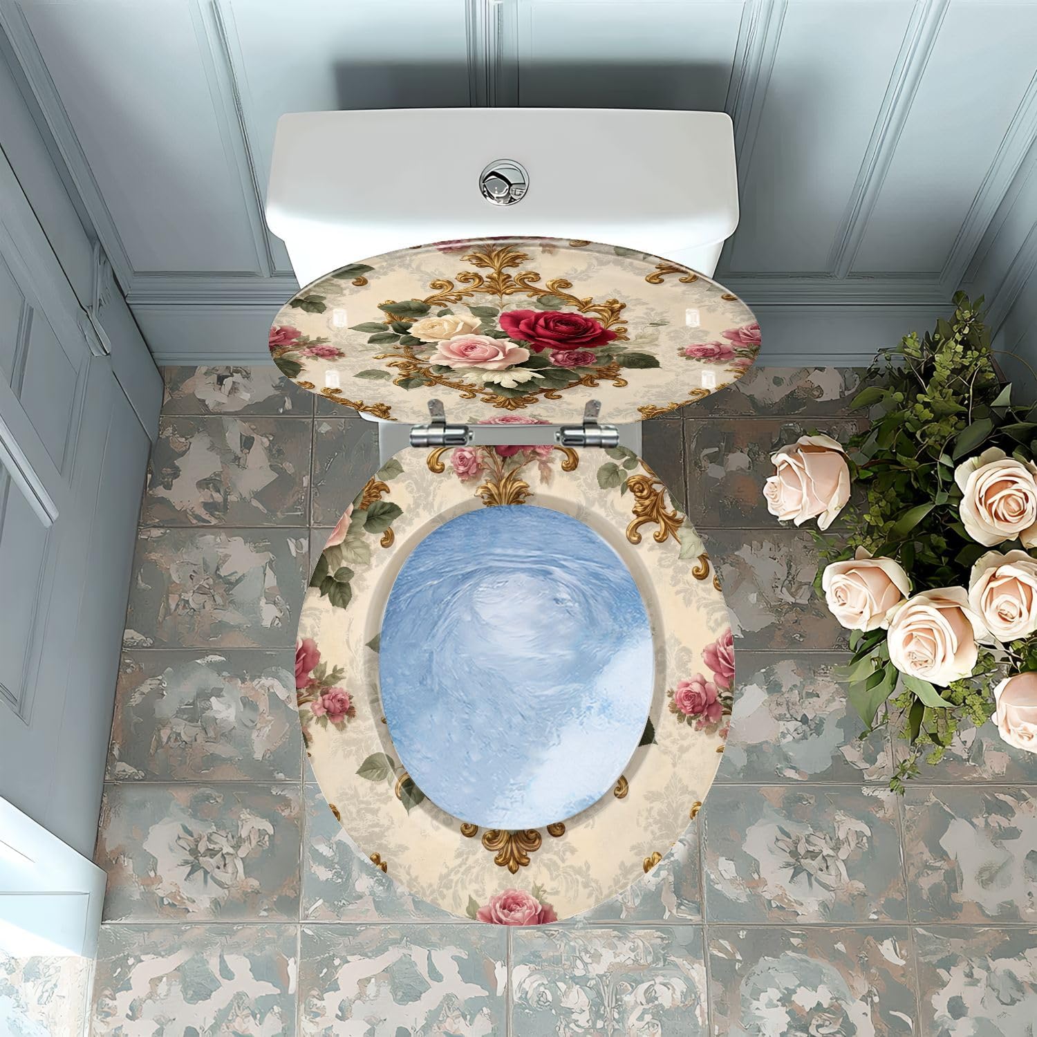 Round Toilet Seat Floral Roses Ornate Gold Soft Pink Victorian Vintage Baroque Resin Toilet Seat with Quietly Close Quick Release Hinges Decorative Toilet Seat with Cover Easy to Clean and Install