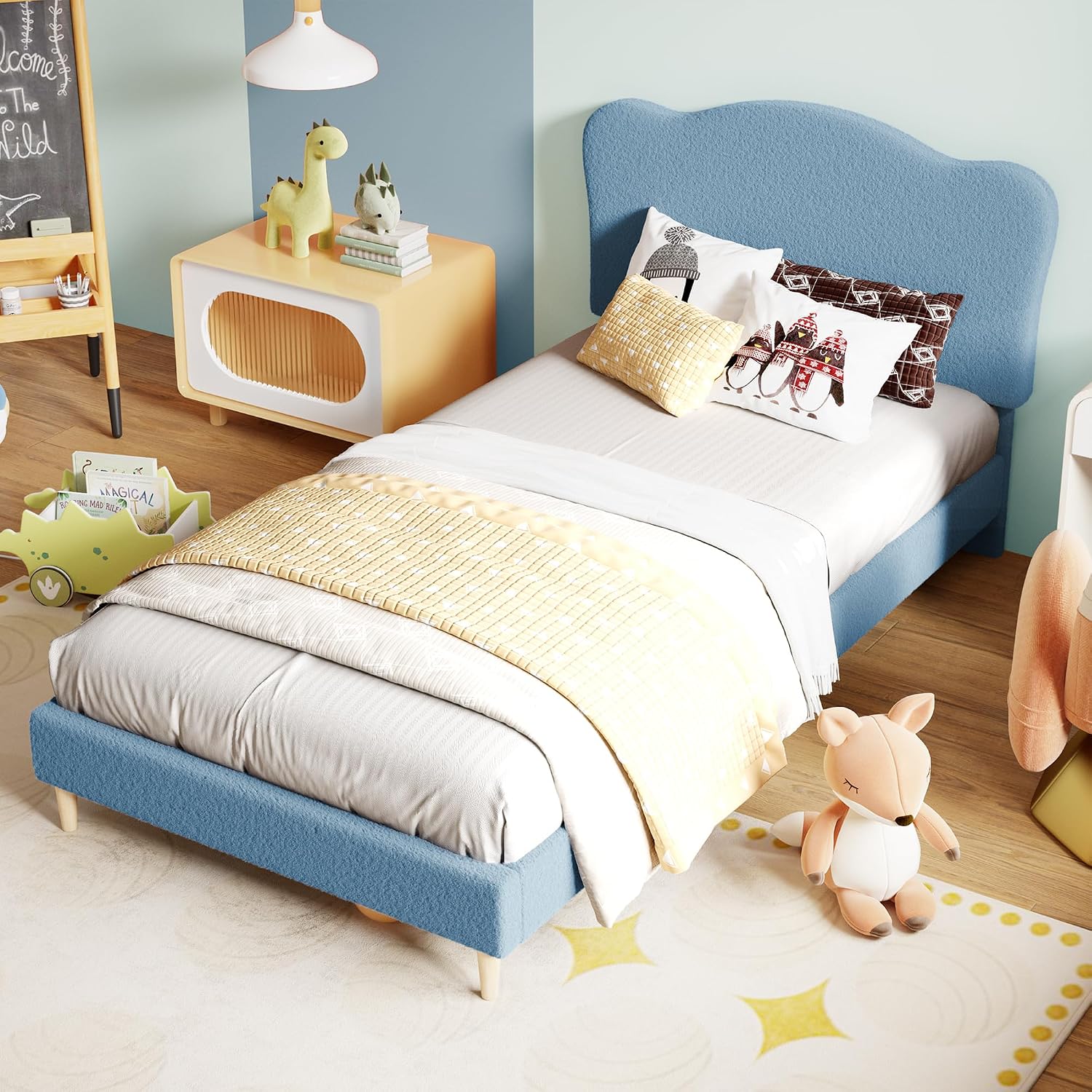 GarveeHome Upholstered Twin XL Size Bed Frame for Kids with Scallop Headboard, Cute Velvet Twin XL Bed for Girls, Boys, Sturdy Platform Bed, No Box Spring Needed, Wooden Slats, Noise Free, Blue