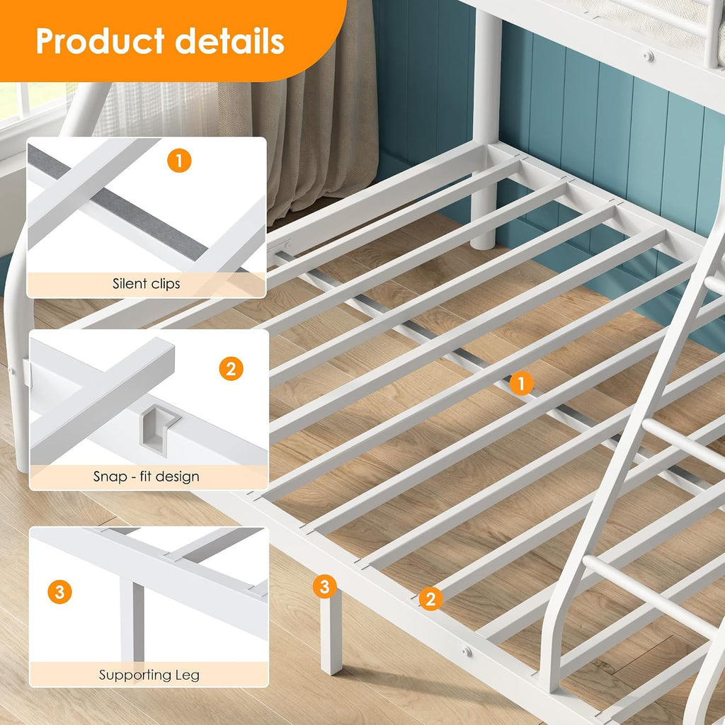 Bunk Beds Twin Over Full Size, Heavy Duty Bunk Beds with Bottom Space & Guardrail Metal Bunk Bed Frame for Adults - Dorm Bedroom Guest Room, No Box Spring Needed（Upgrate White）