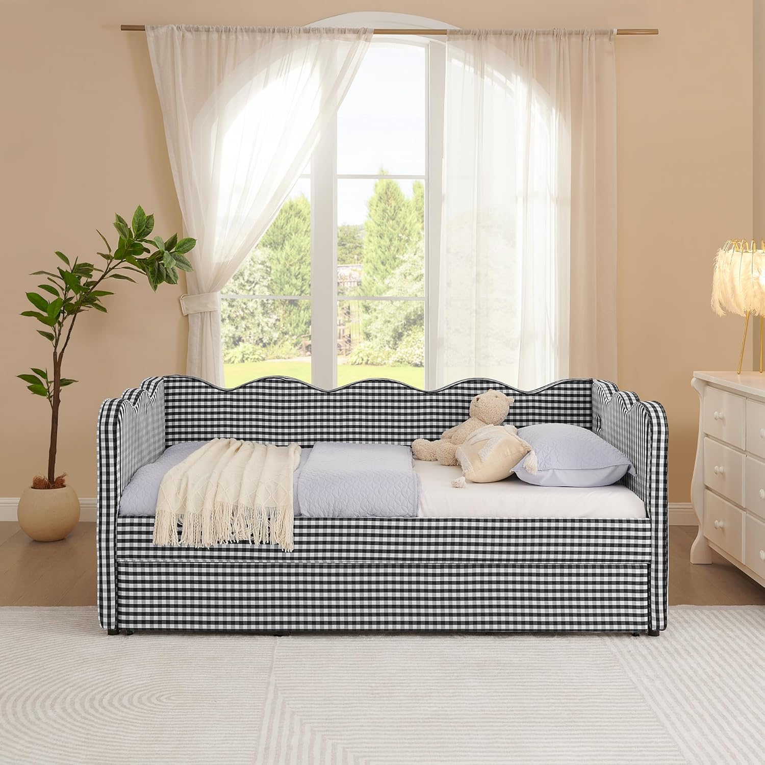 Twin to King Daybed with Trundle, USB Ports Soft Upholstered Daybed with Pop Up Trundle Bed Twin , Modern Extendable Day Bed Frame for Kids Bedroom Living Room Guest Room Small Places Geometric Black