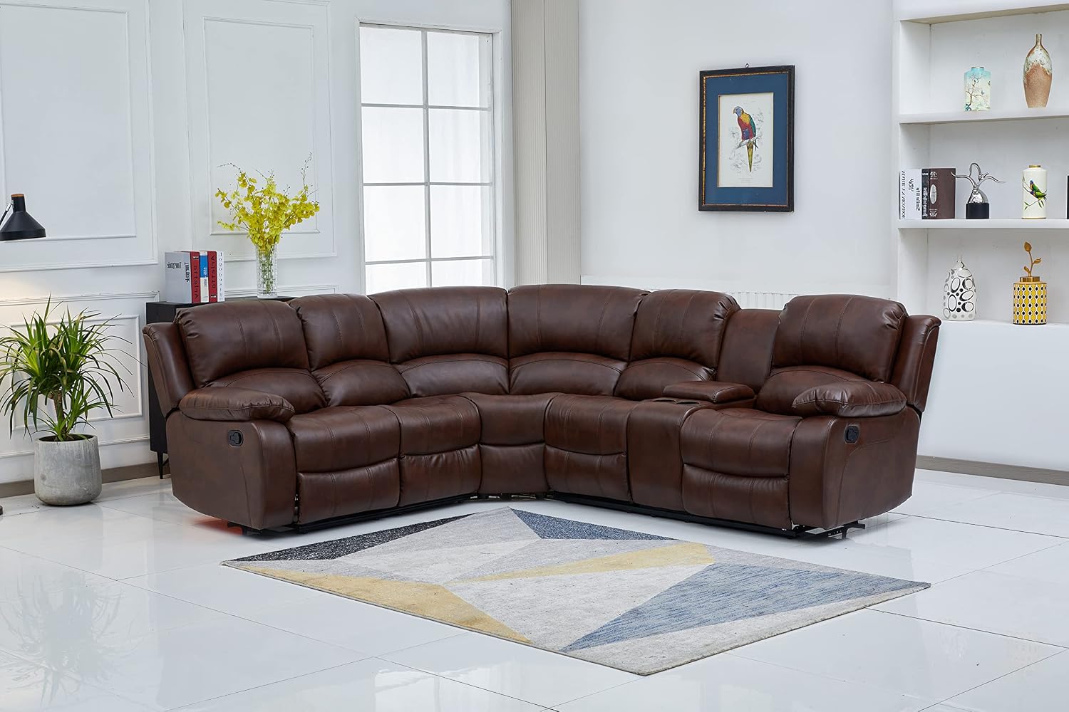 Betsy Furniture Faux Leather 3 Reclining Seats Sectional Couch Set wth Console, Living Room Furniture Set, 8018 Multiple Colors (Brown, Right Console)