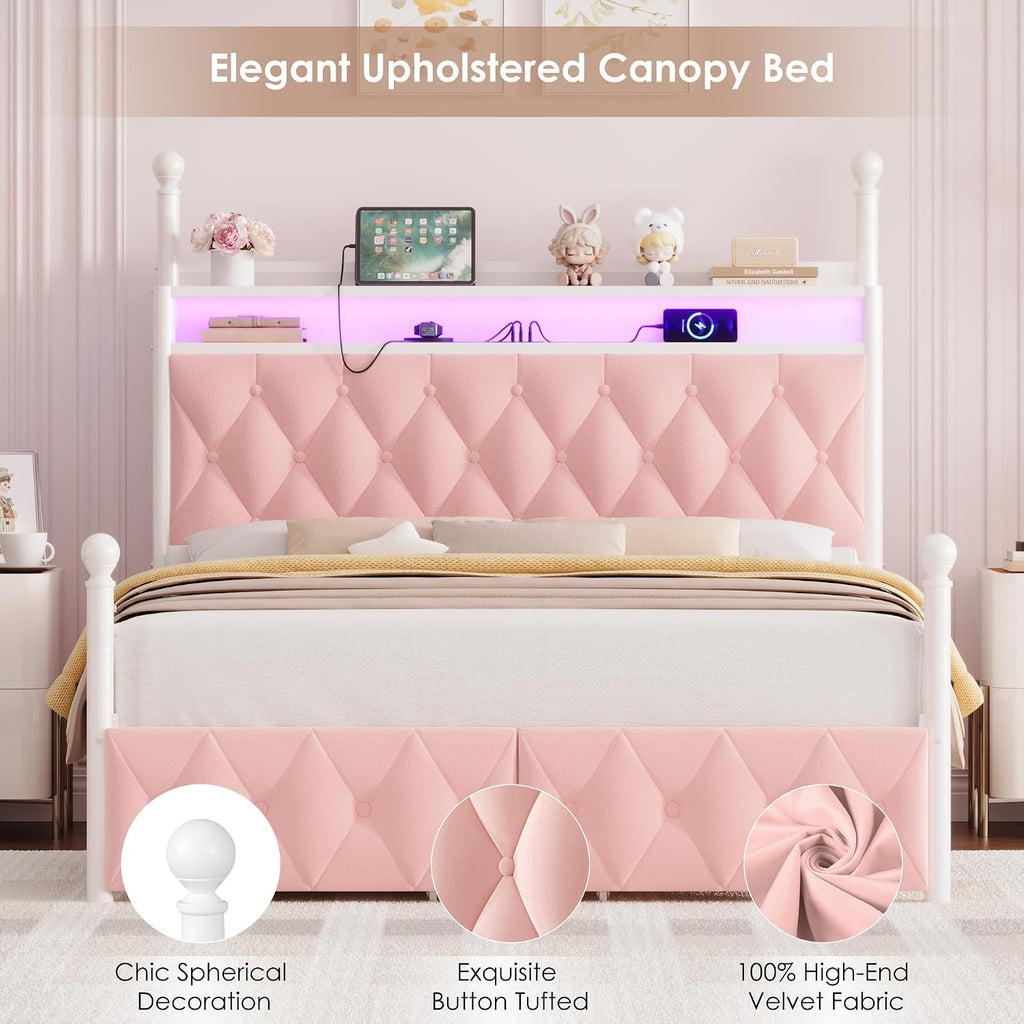 HIFIT Full Size Upholstered LED Canopy Bed Frame with Storage and Charging Station, Button Tufted Storage Headboard with Bookshelf, Two-Use Metal Platform Bed with 4 Removable Posts & 2 Drawers, Pink