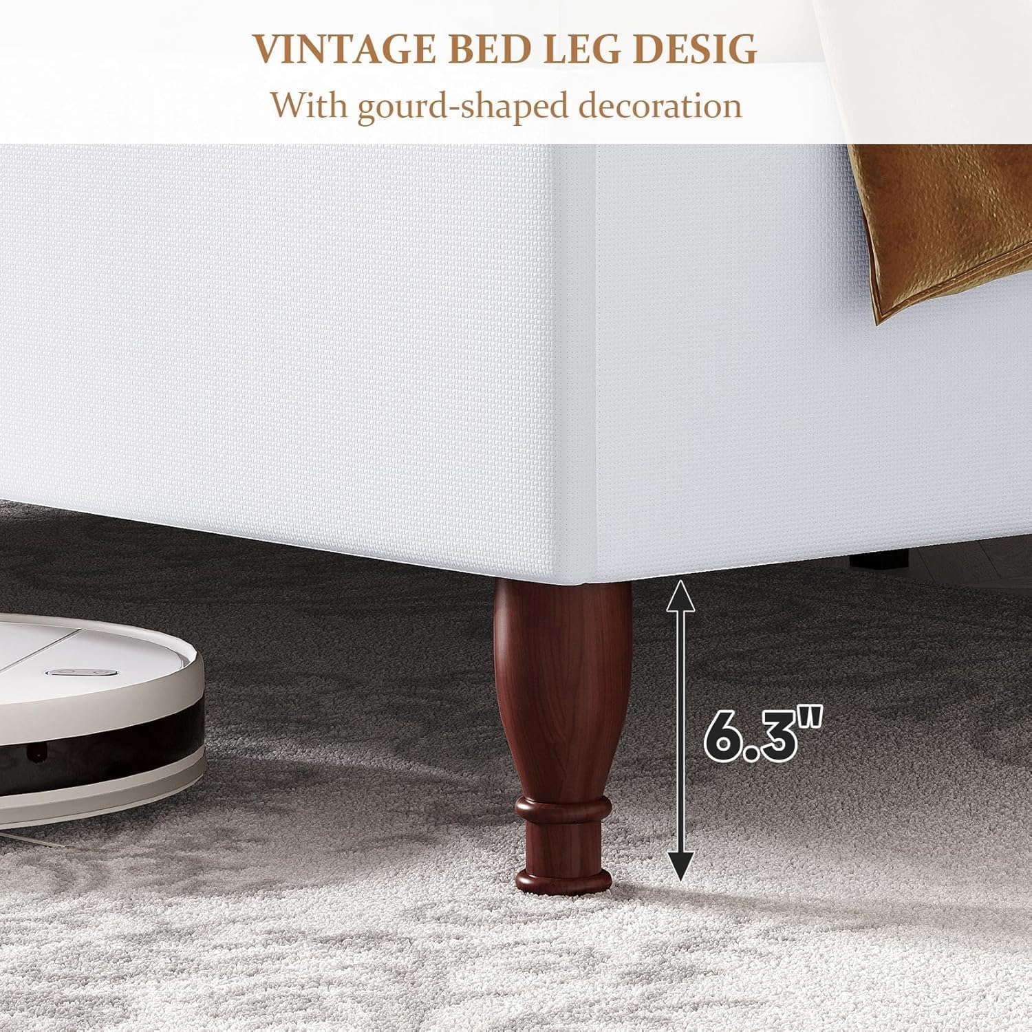 koorlian Full Size Bed Frame with 51' Tall Headboard, Fully Upholstered Platform Bed Frame with with Soft Fabric, Sleigh Wingback, Solid Wood Retro Legs, Modern Minimalist Style, Easy Assembly, White