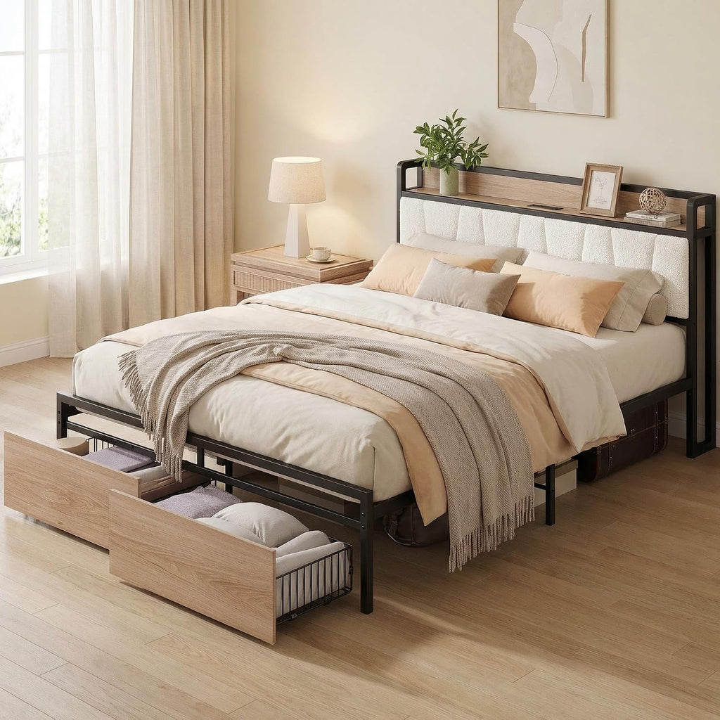 LIKIMIO Queen Size Bed Frame, Storage Headboard with Charging Station, Platform Bed with Drawers, No Box Spring Needed, Easy Assembly, Wood and Cream