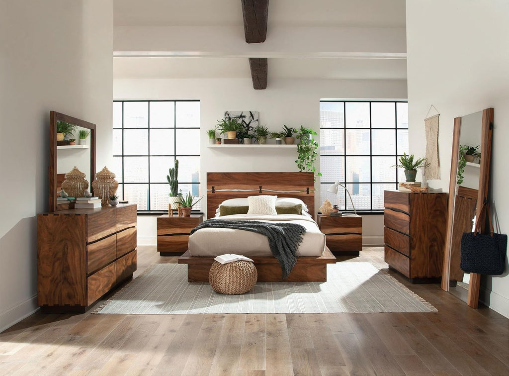 Coaster Home Furnishings Winslow Farmhouse 4-Piece Bedroom Set Live Edge Eastern King Size Panel Bed Frame 52-inch Headboard Smokey Walnut 223250KE-S4