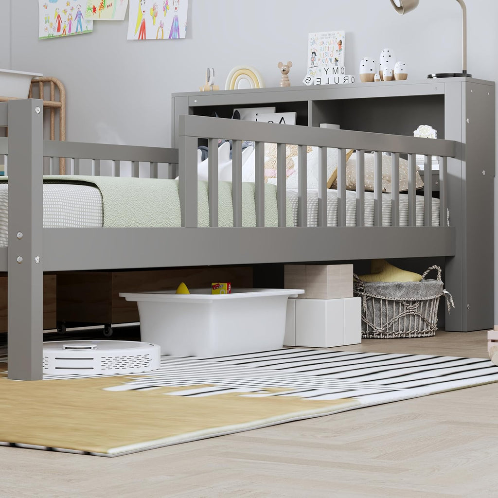 VilroCaz Wood Twin Size Platform Bed with Safety Fence for Kids Boys Girls, Platform Bed Frame with Practical Headboard and 2 Under-Bed Drawers, Sturdy Slats Support (Gray-3.15)