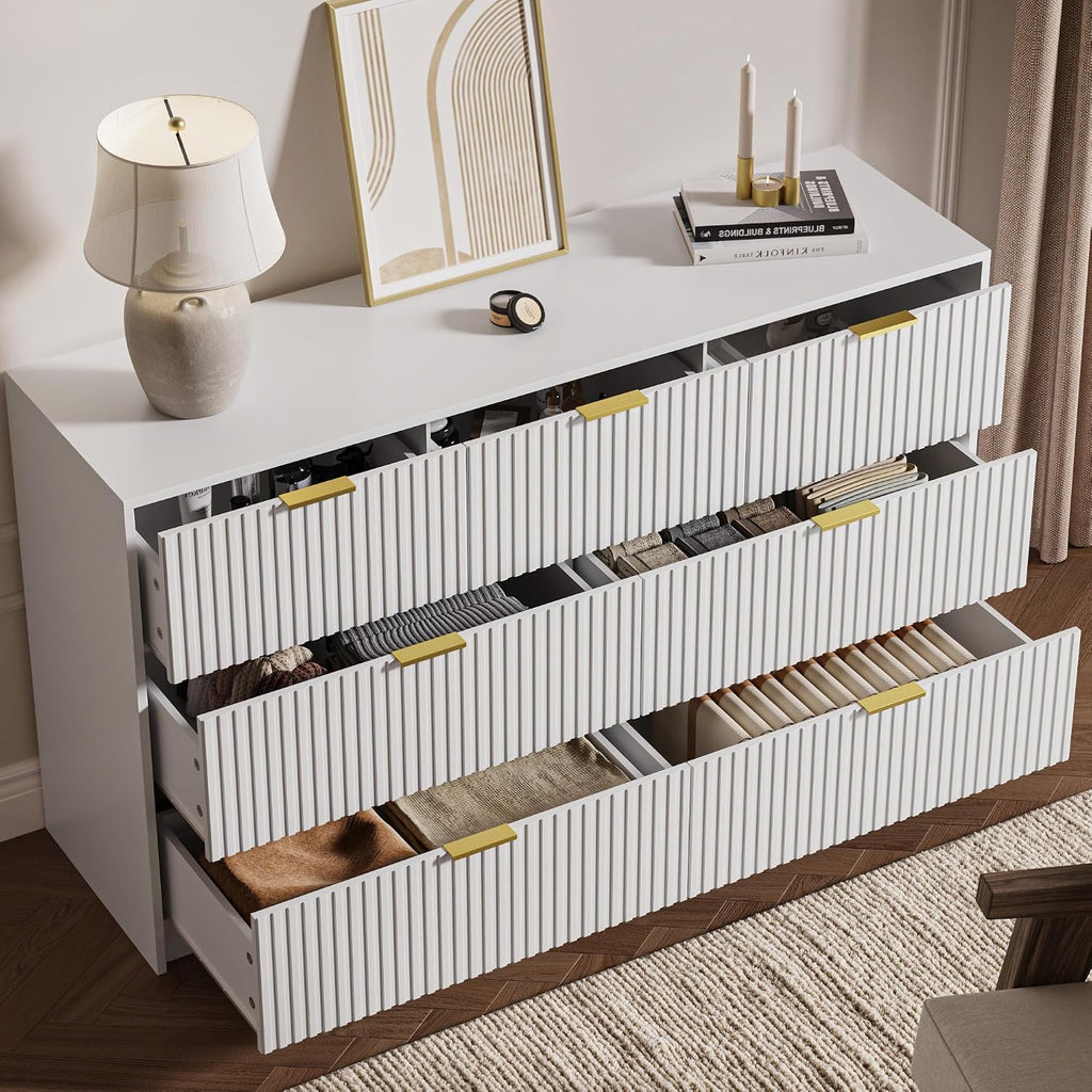 MAISONARIA 3-Piece Dresser Bedroom Set, 7 Drawer Dresser & 3 Drawer Nightstands with Gold Handles, Fluted Wood Chest of Drawers for Bedroom, Living Room, Entryway, White