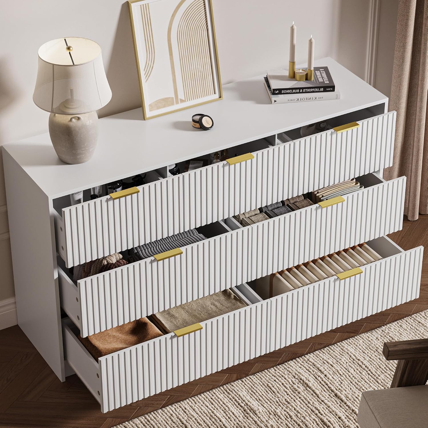 MAISONARIA 3-Piece Dresser Bedroom Set, 7 Drawer Dresser & 3 Drawer Nightstands with Gold Handles, Fluted Wood Chest of Drawers for Bedroom, Living Room, Entryway, White