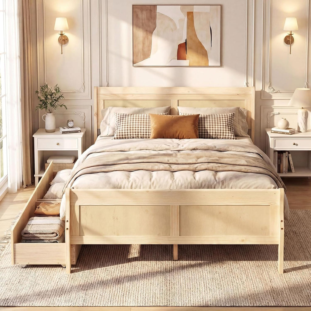 Giantex Full Bed Frame with 2 Storage Drawers, Wood Platform Bed with Headboard & Footboard, Wooden Slats Support Mattress Foundation, Sleigh Bedframe for Teens Adults, No Box Spring Needed (Natural)