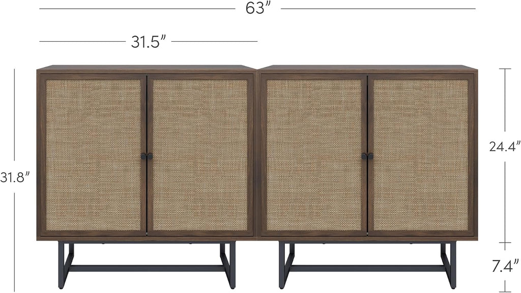 Nathan James Kova Bohemian Rattan Sideboard or TV Stand, Wooden Storage Cabinet with Doors, Walnut Sideboard Buffet or Rattan Accent Storage Cabinet with Matte Black Legs, Set of 2