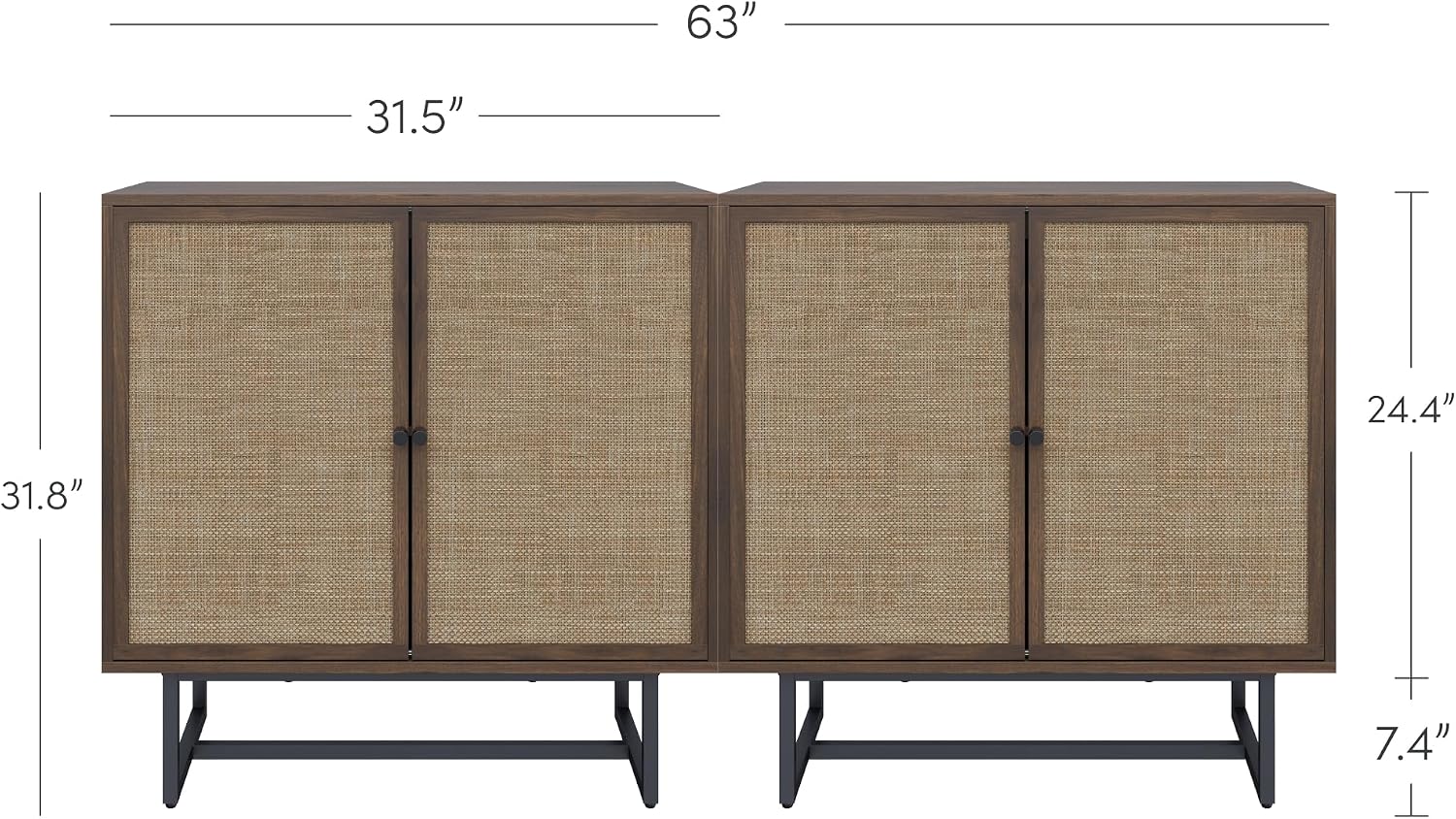 Nathan James Kova Bohemian Rattan Sideboard or TV Stand, Wooden Storage Cabinet with Doors, Walnut Sideboard Buffet or Rattan Accent Storage Cabinet with Matte Black Legs, Set of 2