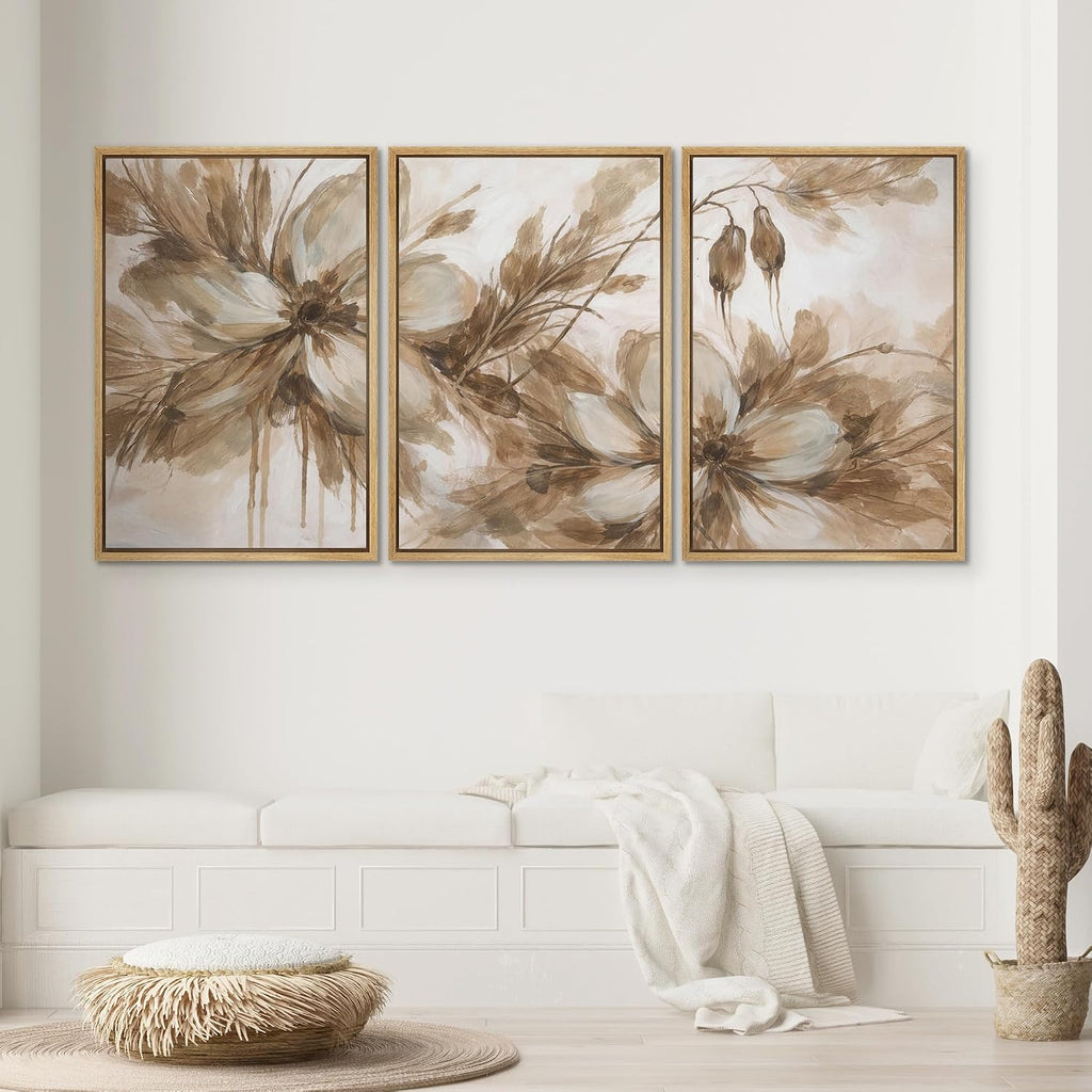 SIGNWIN Framed Canvas Print Wall Art Set Neutral Botanical Flowers Sepia Tone Floral Illustrations Modern Art Decorative Scenic Rustic for Living Room, Bedroom, Office - 16'x24'x3 Natural