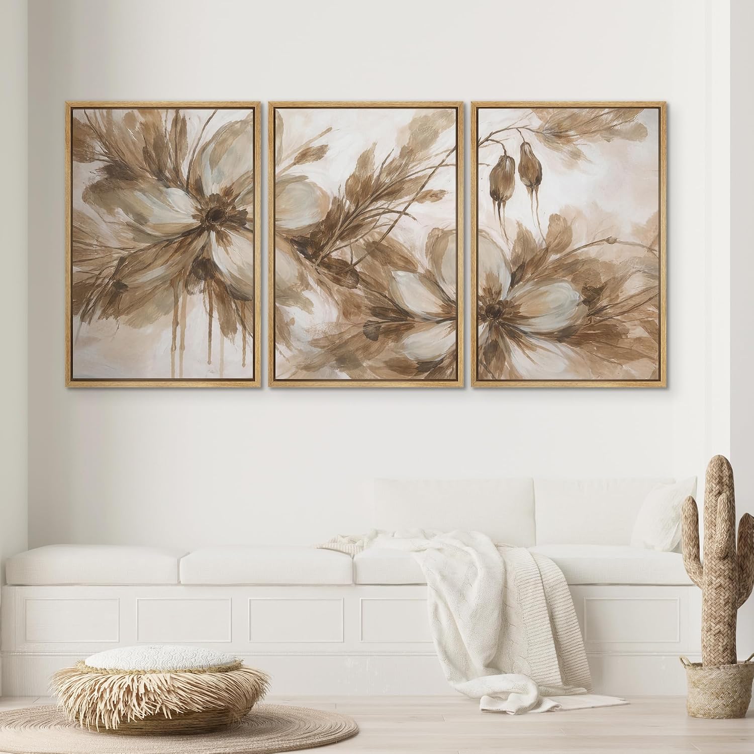 SIGNWIN Framed Canvas Print Wall Art Set Neutral Botanical Flowers Sepia Tone Floral Illustrations Modern Art Decorative Scenic Rustic for Living Room, Bedroom, Office - 16'x24'x3 Natural