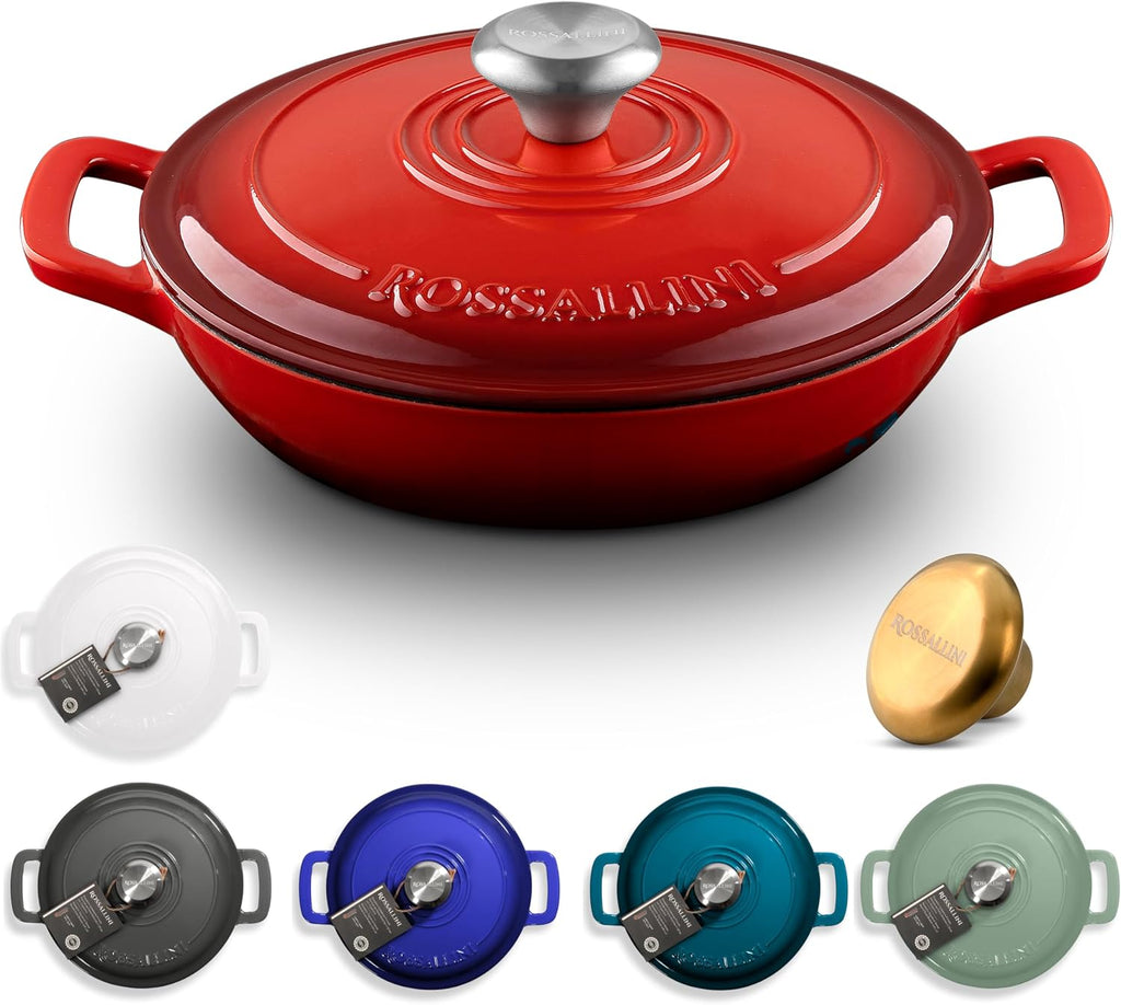 ROSSALLINI Signature Enameled Cast Iron Braiser, Non-Stick Serving Pot with Tight Fitting Lid for Perfect Roasting, Baking, Sauteing, Searing, and Pan Frying | 5Q (4.7L) - Red