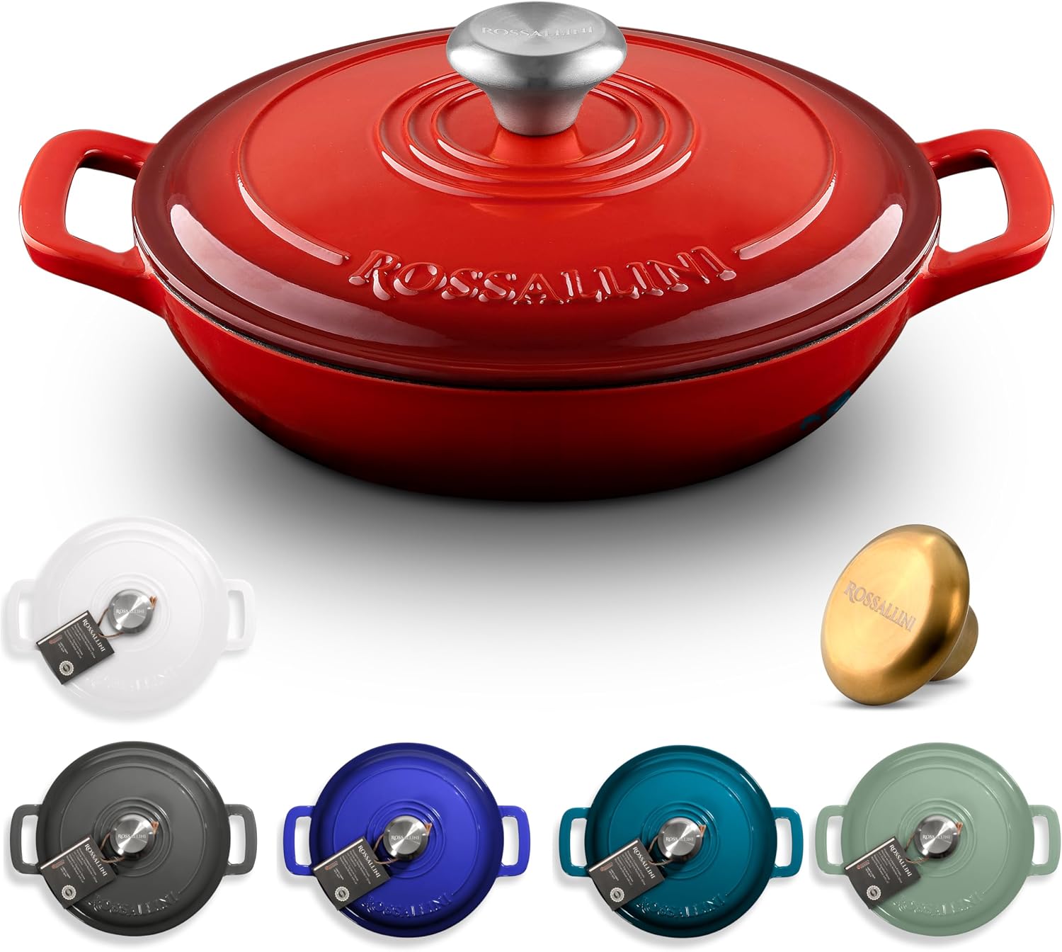 ROSSALLINI Signature Enameled Cast Iron Braiser, Non-Stick Serving Pot with Tight Fitting Lid for Perfect Roasting, Baking, Sauteing, Searing, and Pan Frying | 2.25Q (2.1L) - Red