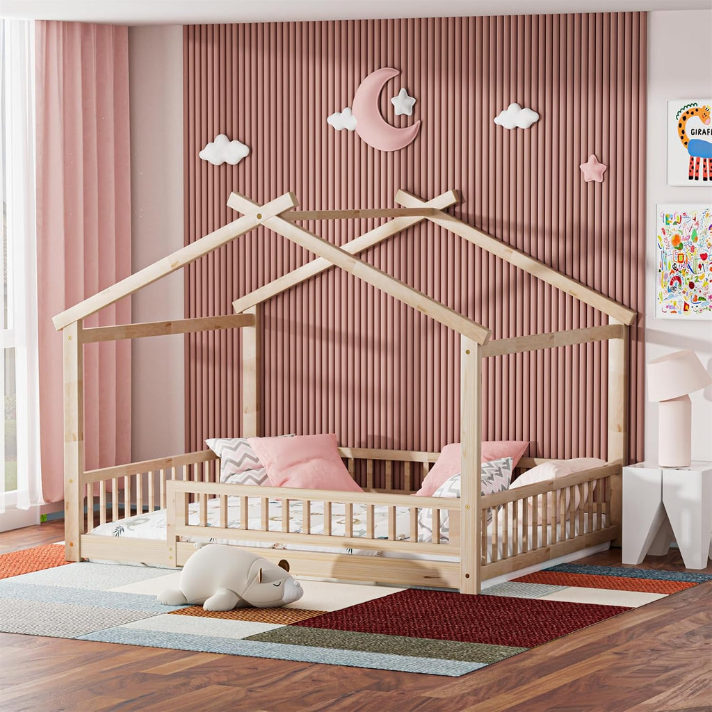 LLS Full Size House Bed with Fence, Wooden Montessori Bed with Slats Support, Floor Bed Frame for Boys Girls Bedroom, Natural