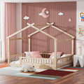 LLS Full Size House Bed with Fence, Wooden Montessori Bed with Slats Support, Floor Bed Frame for Boys Girls Bedroom, Natural