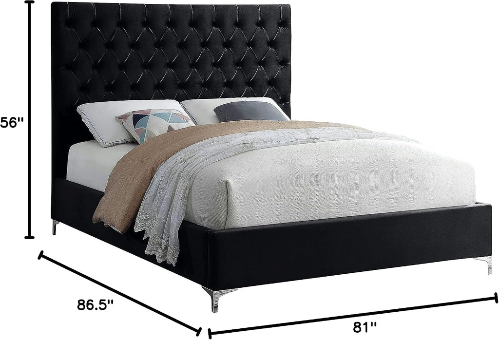 Meridian Furniture Cruz Collection Modern | Contemporary Velvet Upholstered Bed with Deep Button Tufting and Complete Sets of Gold and Chrome Legs Included, King, Black