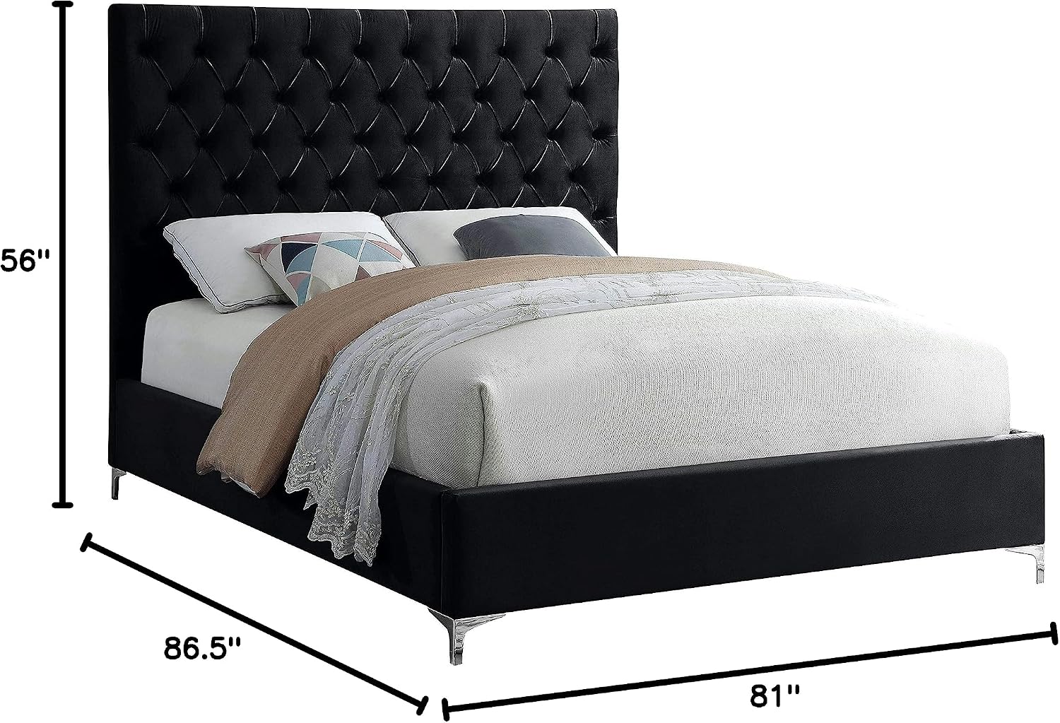 Meridian Furniture Cruz Collection Modern | Contemporary Velvet Upholstered Bed with Deep Button Tufting and Complete Sets of Gold and Chrome Legs Included, King, Black