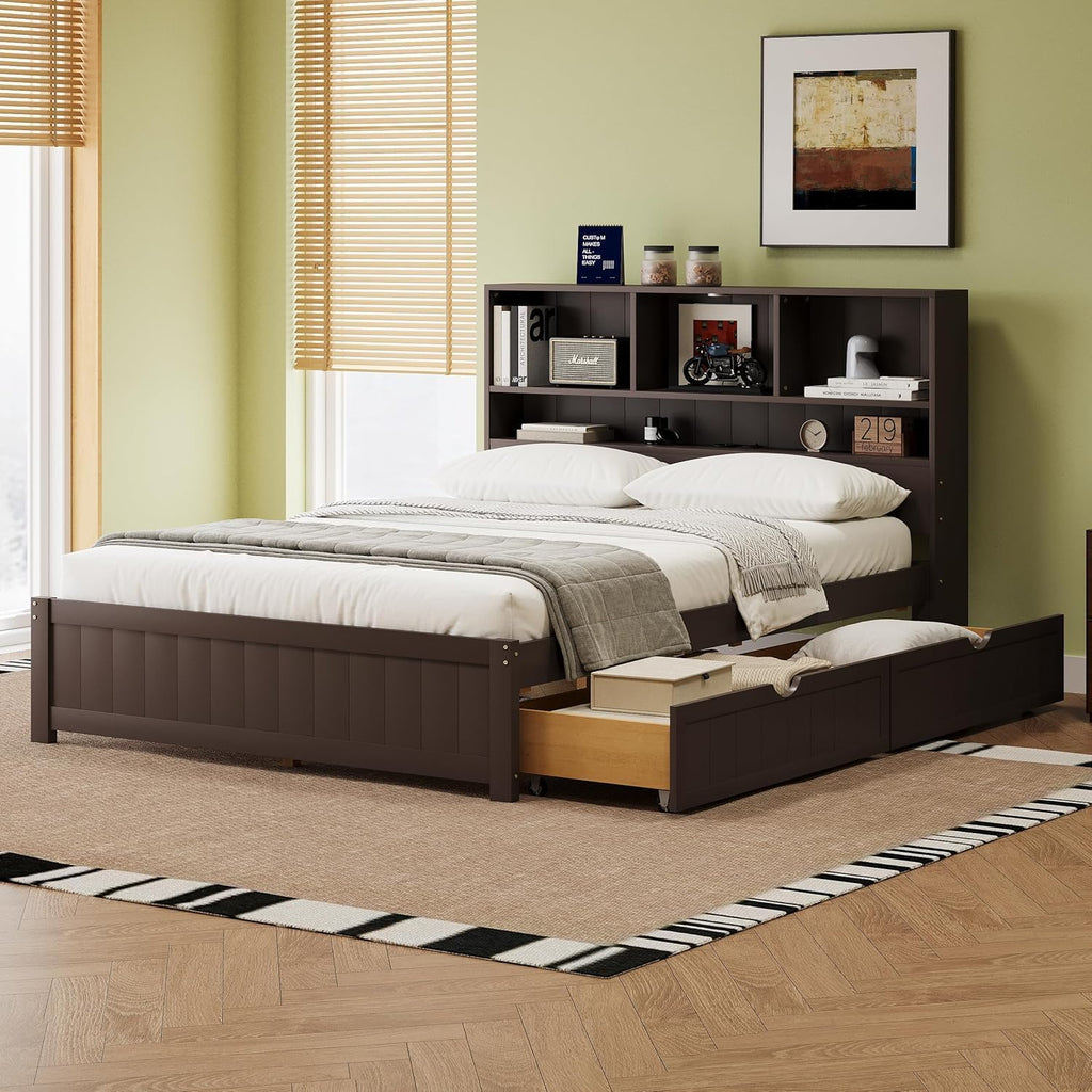 MERITLINE Twin Bed with Storage Headboard,Drawers,Charging Station and LED Lights, Wood Platform Bed with Storage Bookcase, No Box Spring Needed (Twin,Espresso)