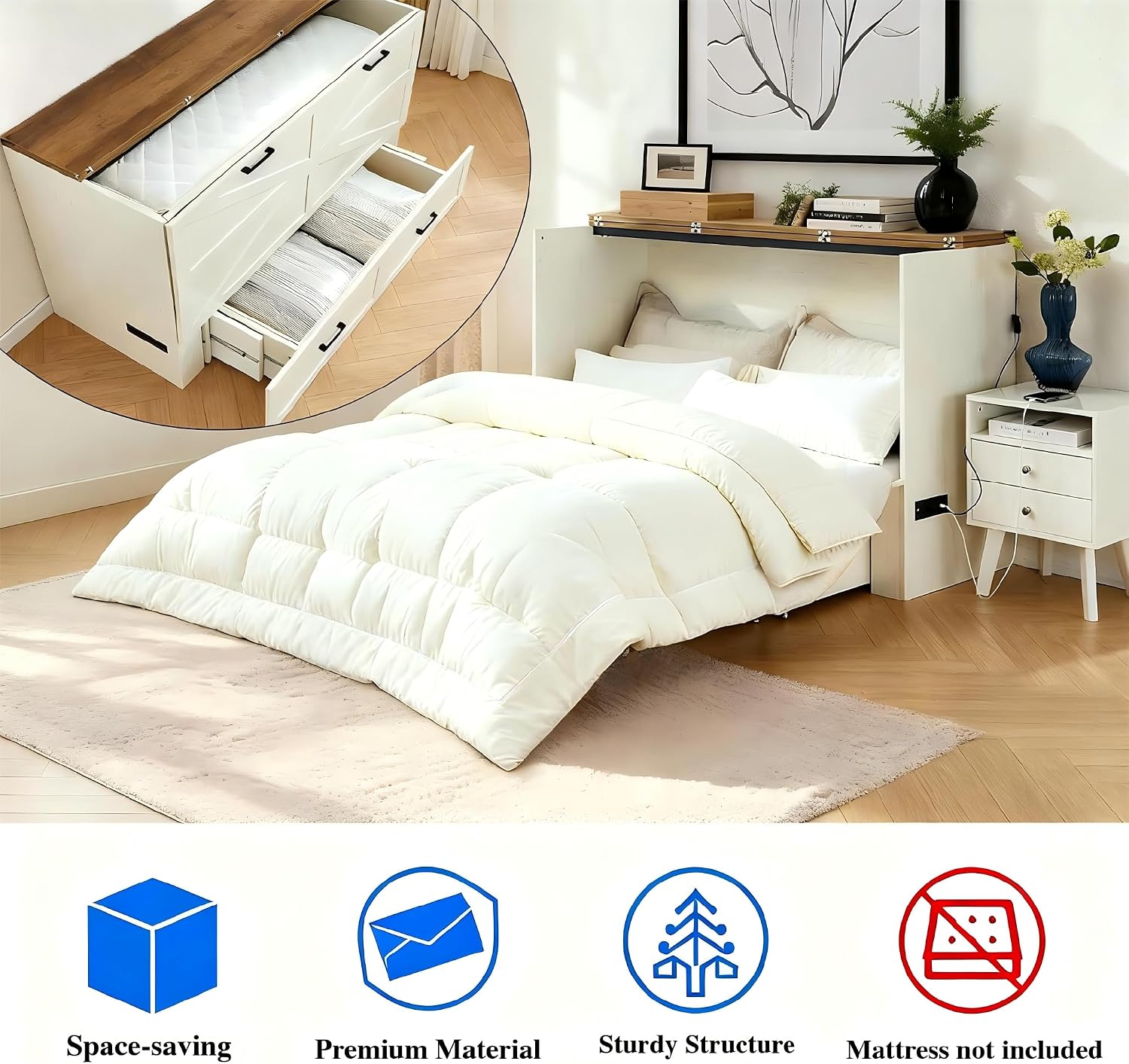 Full Murphy Bed Cabinet with Charging Station and Storage, Farmhouse Foldable Platform Bed for Bedroom, Living Room, Guest Bedroom,Home Office,Rutic White (Full Size)