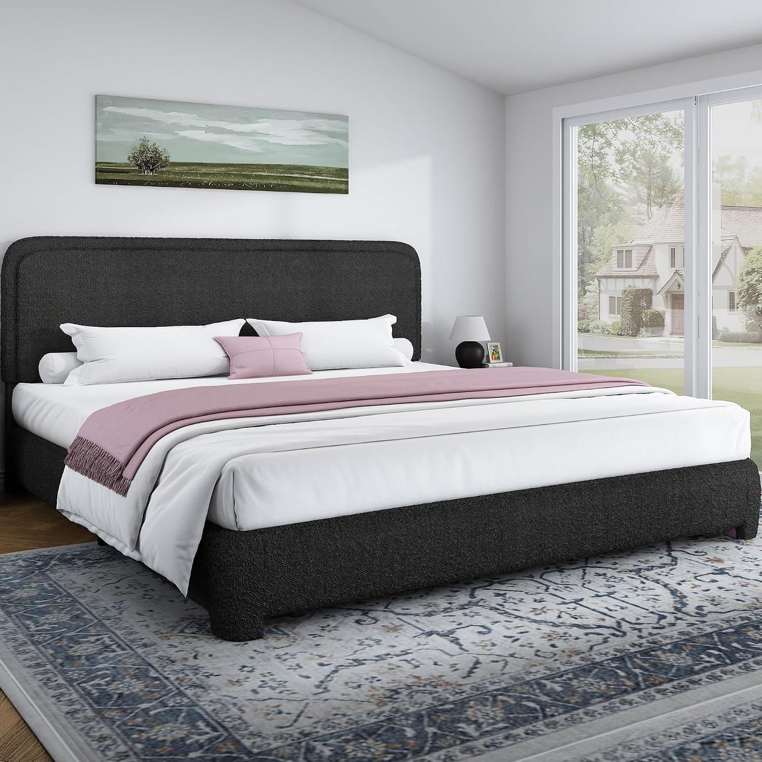 BarnFurin King Size Bed Frame with Headboard, Boucle Upholstered Platform Bed Frame, Soft Rounded Corners, No Box Spring Required, Easy Assembly, Black