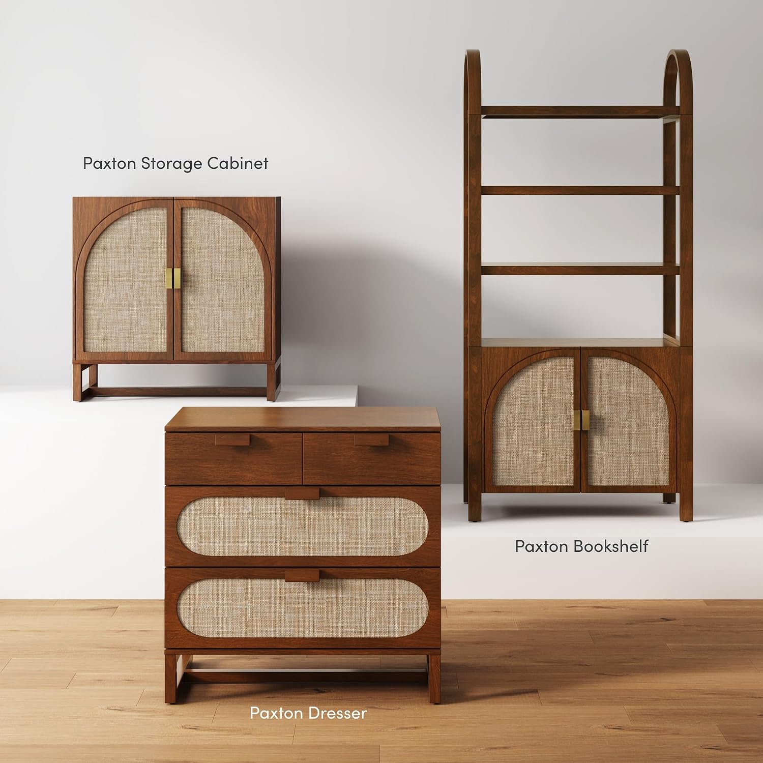 Nathan James Paxton Mid-Century Modern Dresser for Bedroom, 3-Drawer Dresser with Solid Wood Frame and Textilene Rattan Accent, Dark Walnut, Set of 2