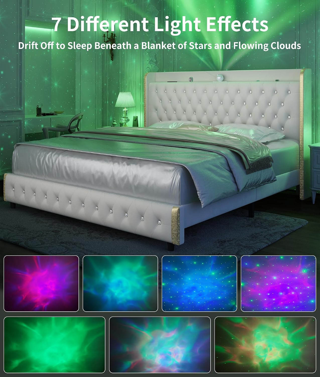Full Modern Wingback Upholstered Platform Bed Frame with Galaxy Projector, LED Bed Frame, Sturdy Noiseless Design, Headboard with Star Accents, Simple Assembly, No Box Spring Needed, Velvet Cream