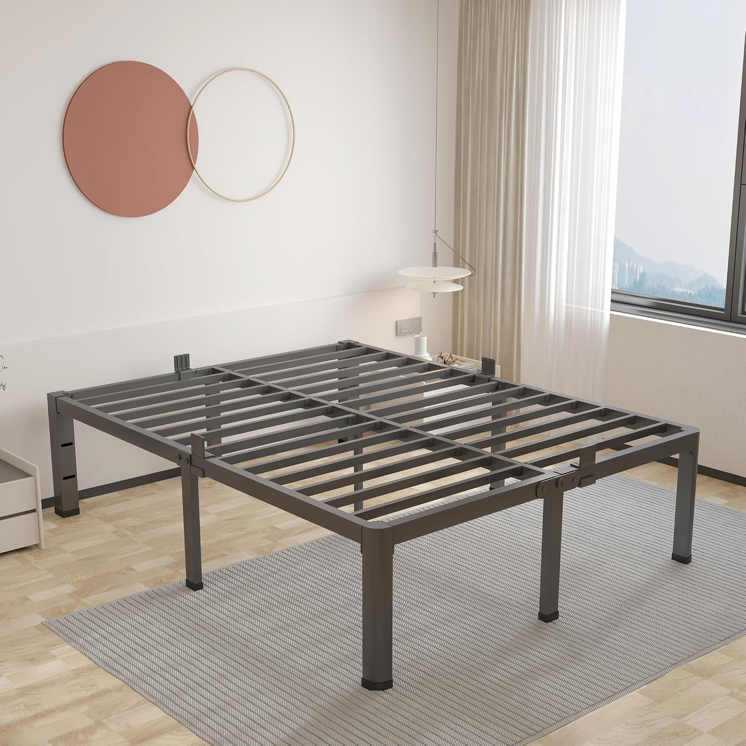 ROIL 14 inch King Size Bed Frame Metal Platform No Box Spring Needed with Headboard Hole Round Corner Legs Mattress Stoppers Retainers 3500LBS Heavy Duty Steel Slats Noise-Free