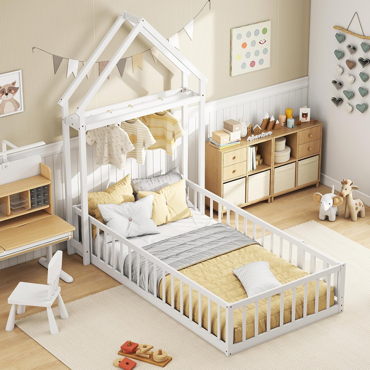 KOMFOTT Twin Size Floor Bed with House-Shaped Headboard, Kids Montessori Floor Bed with Detachable Clothes Hanger, Full Length Safety Guardrails, Door & Latch, Solid Wood Floor Bed Frame
