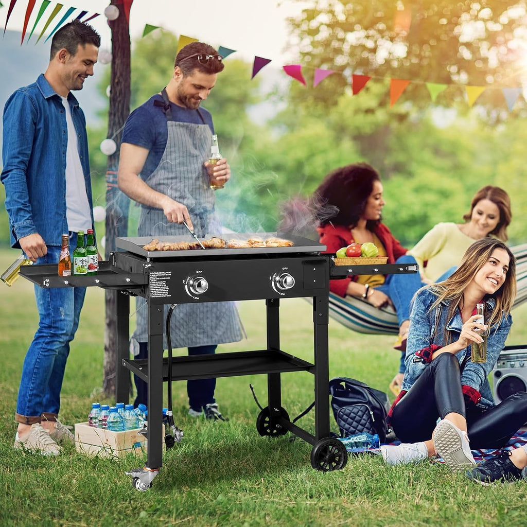 Foldable Flat Top Grill, Portable Outdoor Propane Griddle with 2 Foldable Shelves, 30000/45000/60000 BTU Gas Grill Griddle Cooking Station for BBQ & Outdoor Cooking, Black(2 Burner)