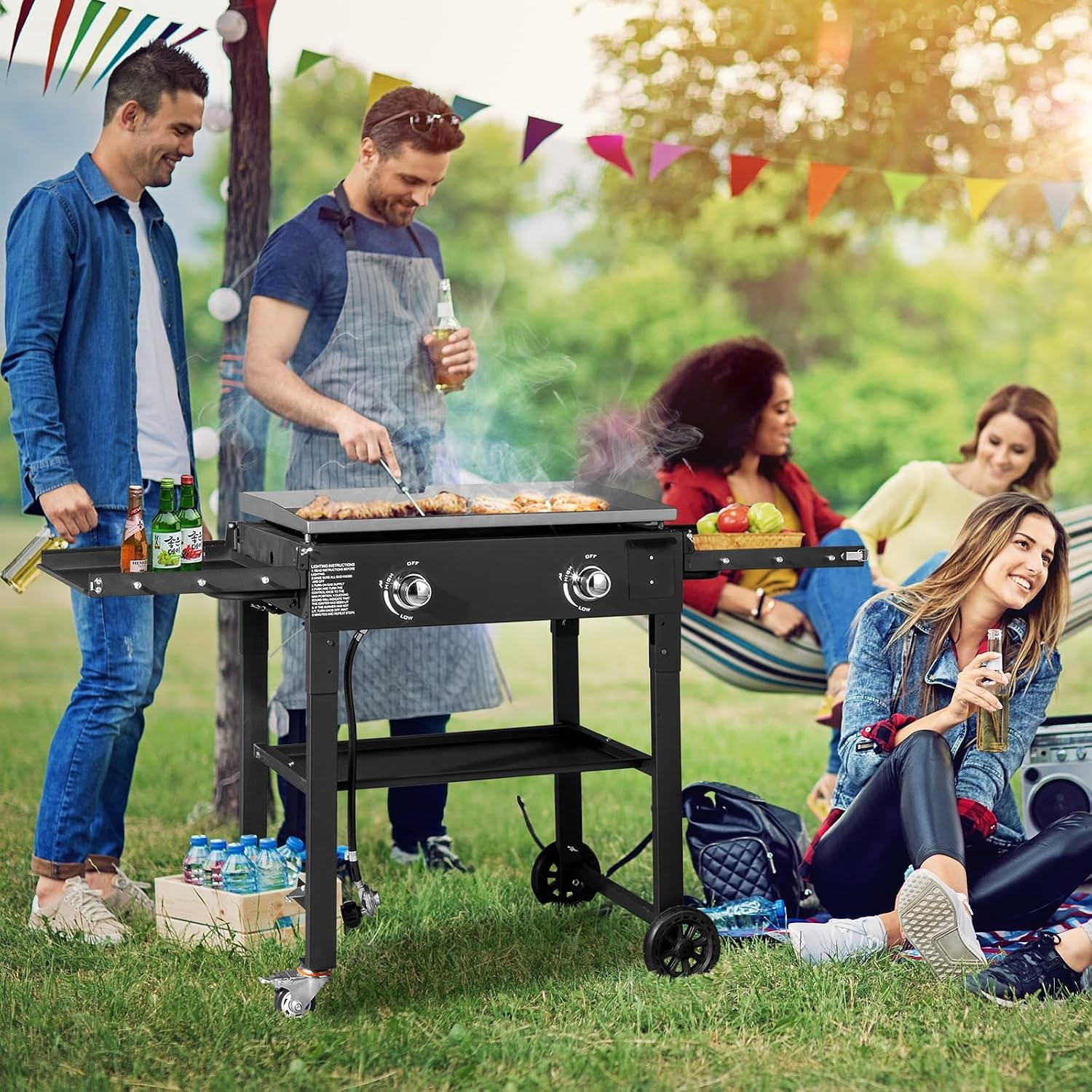 Foldable Flat Top Grill, Portable Outdoor Propane Griddle with 2 Foldable Shelves, 30000/45000/60000 BTU Gas Grill Griddle Cooking Station for BBQ & Outdoor Cooking, Black(2 Burner)