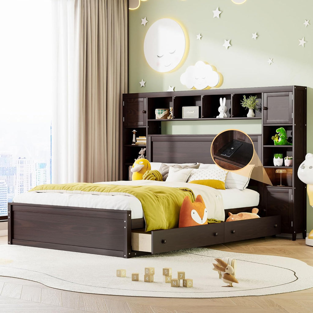 MERITLINE Queen Platform Bed with Storage Headboard,Drawers and Charging Station,Solid Wood Queen Bed Frame with Storage Cabinet and Shelves for Adults (Espresso)