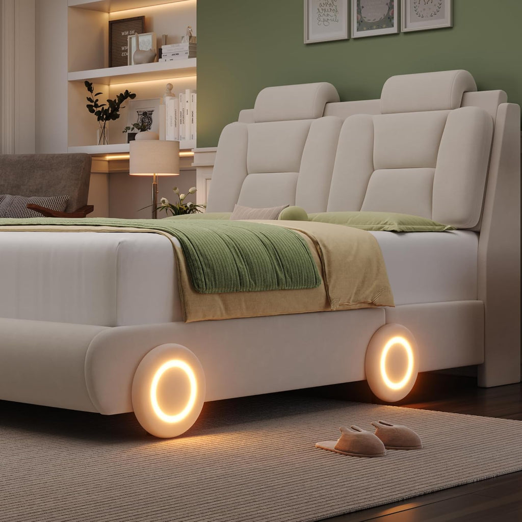 Keyluv Queen Led Car Bed Frame with Wheels Decor & Adjustable Curved Headboard Modern Upholstered Platform Bed with Detachable Pillows Solid Wooden Slats Support No Box Spring Needed, Velvet Beige