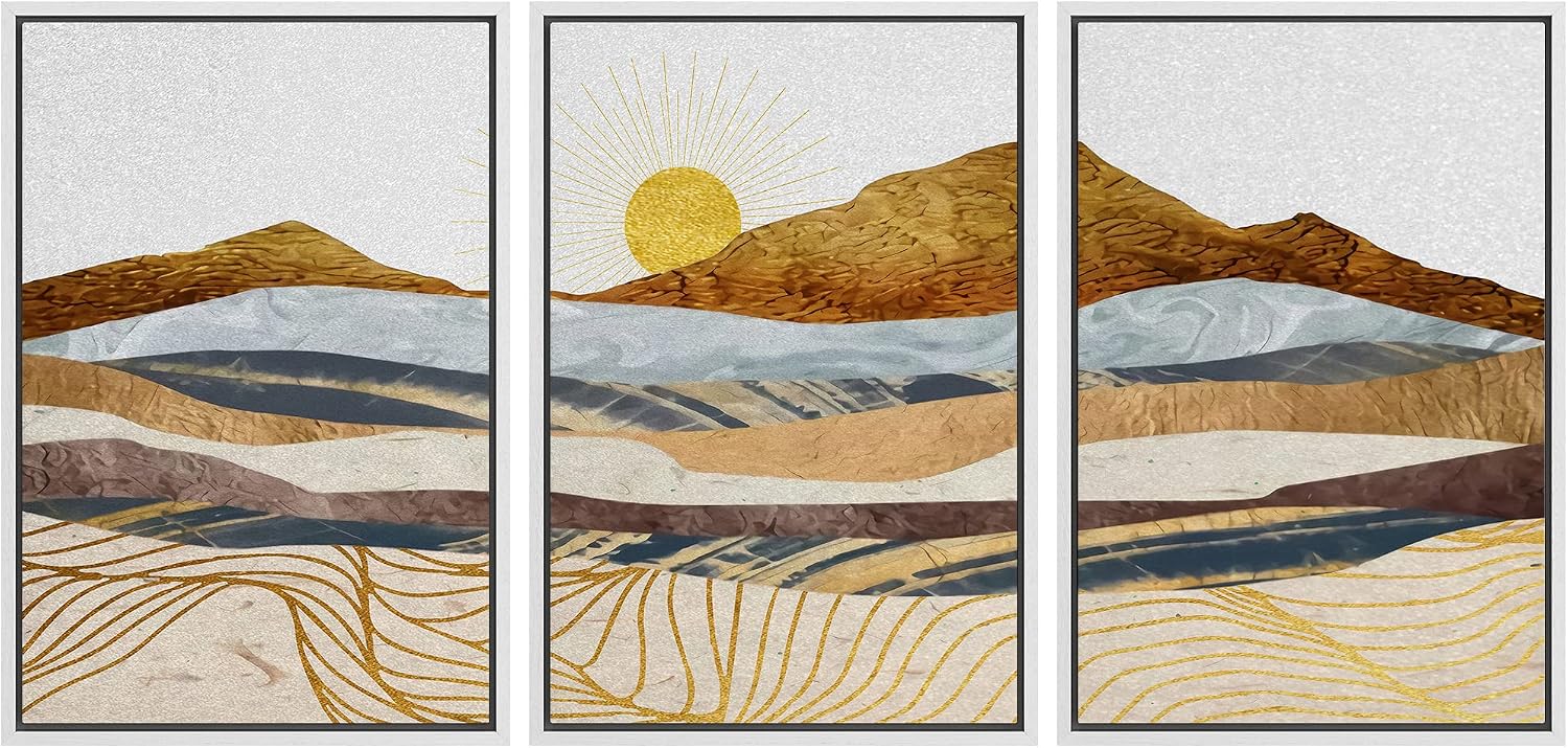 wall26 Framed Canvas Print Wall Art Set Gold Wave Geometric Mountain Range Nature Wilderness Illustrations Modern Art Decorative Landscape Zen for Living Room, Bedroom, Office - 16'x24'x3 White