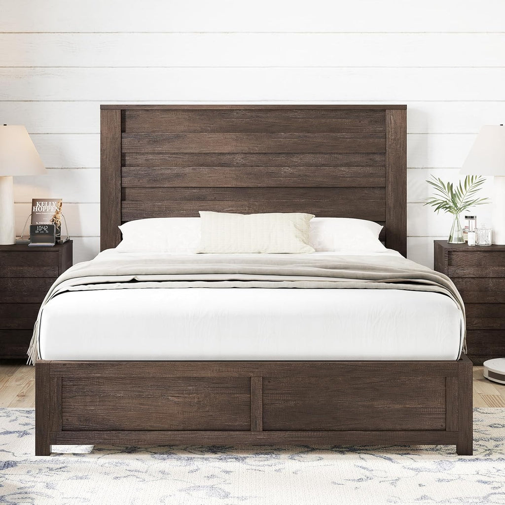 AMERLIFE 2-Piece Farmhouse Bedroom Set, Full Bed Frame and Tall Dresser, Platform Bed with 49' Fluted Headboard, 547' Tall Chest of Drawers with Slat Handles, Gray