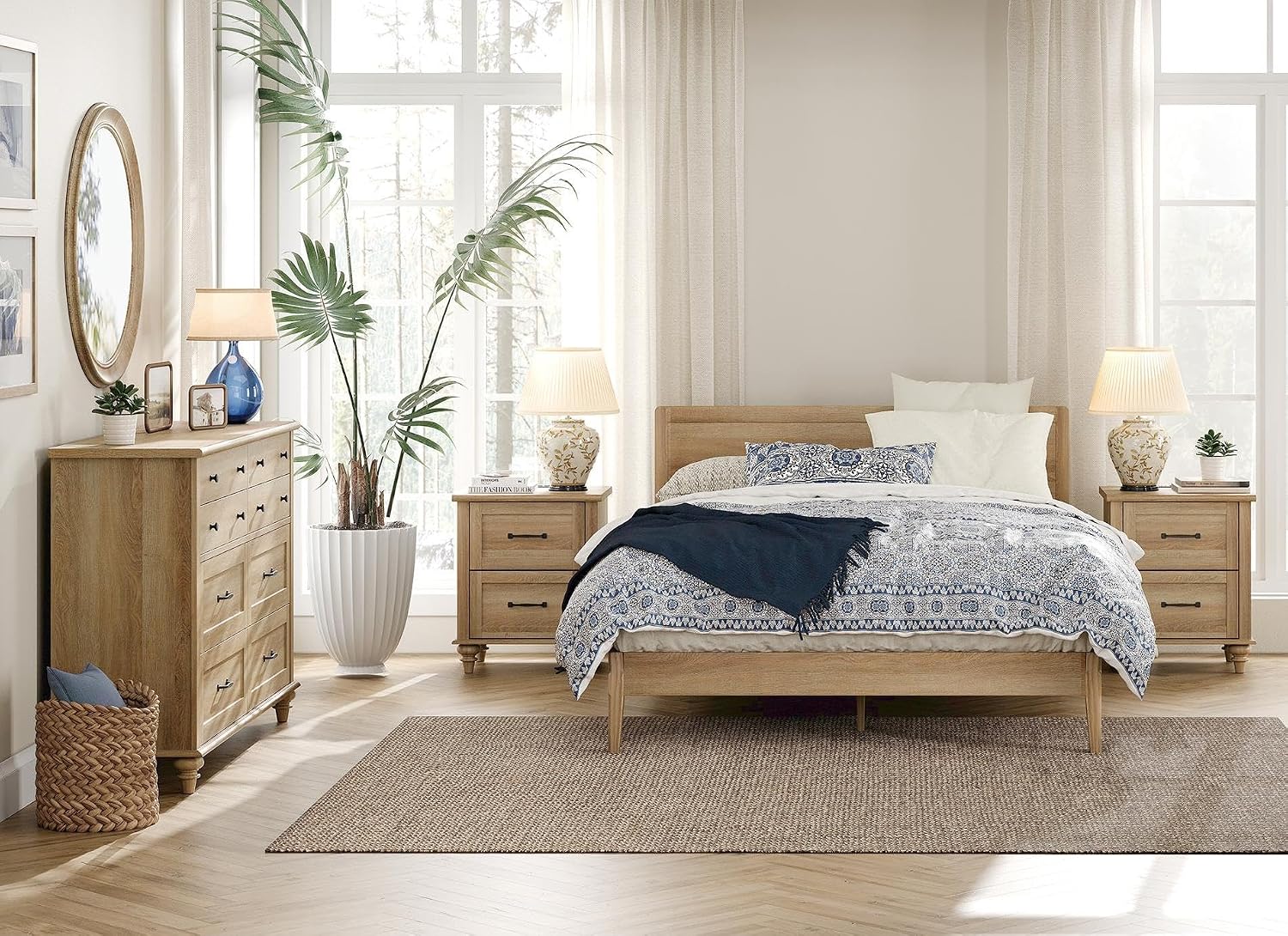 WAMPAT 3 Piece Bedroom Set - Includes 8 Drawer Dresser for Bedroom, Set of 2 Nightstands with Charging Station & Drawers, 3 Piece Dresser and Nightstand Sets, Oak